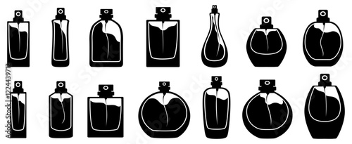 vector set black perfume bottles silhouettes icon. cosmetic spray. fragrance symbol design vector illustration