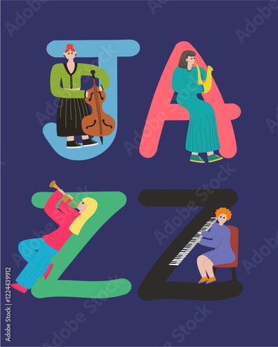 Jazz poster with woman musician characters: double bass, trumpet, piano, saxophone