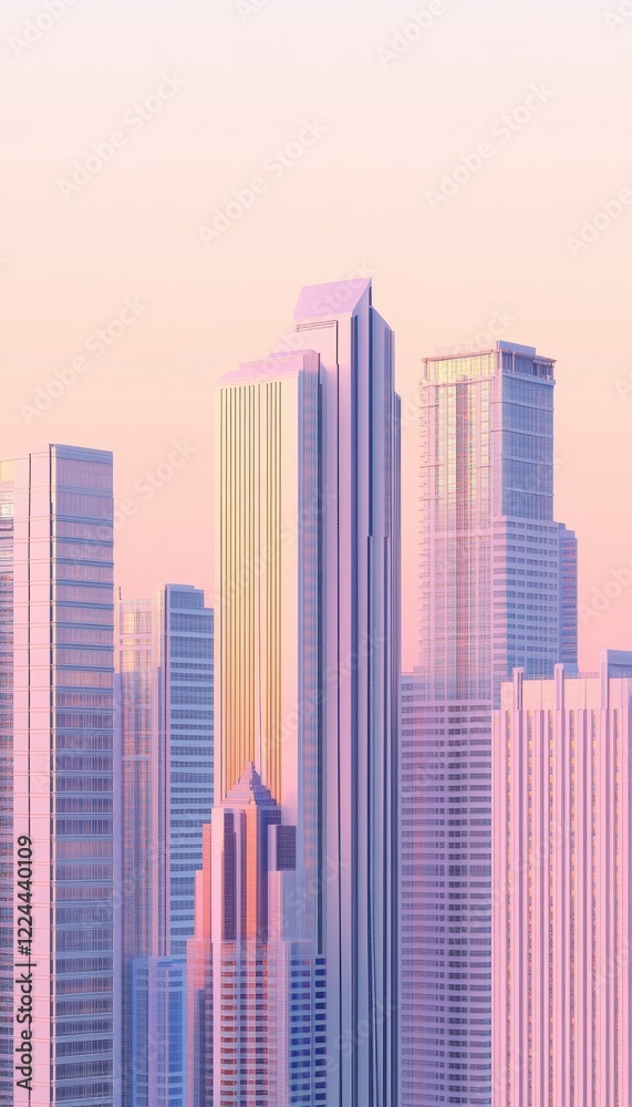 Tranquil dawn city skyline with minimalist geometric skyscrapers in soft pastel hues Tranquil dawn city skyline with minimalist geometric skyscrapers in soft pastel hues