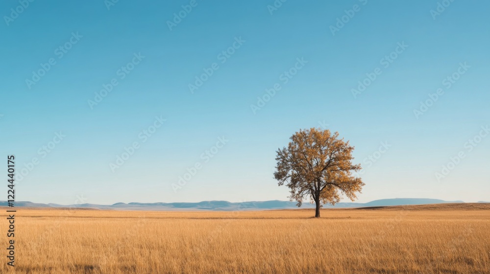 Lone tree in autumnal field under clear blue sky.