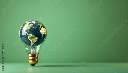 Light bulb containing a globe on a green backdrop, illustrating eco-friendly energy solutions and Earth Day awareness photo