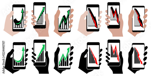 Set vector holding phone show Graph going Up and Down icon. investment sign. Business sales bar chart symbol design vector illustration
