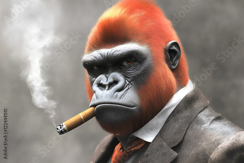 A gorilla in an elegant suit, holding a cigar, against a neutral grey background, creating a humorous and stylish image