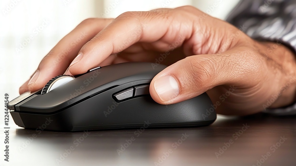 Close up hand using mouse concept. A photostock of a comfortable desk environment, focusing on a hand operating a wireless mouse with precision Close up hand using mouse concept. A photostock of a comfortable desk environment, focusing on a hand operating a wireless mouse with precision