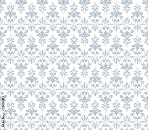 Floral pattern. Seamless vector background. Vintage wallpaper in the Baroque style. White and gray ornament for fabric, wallpaper, packaging. Ornate Damask flower illustration