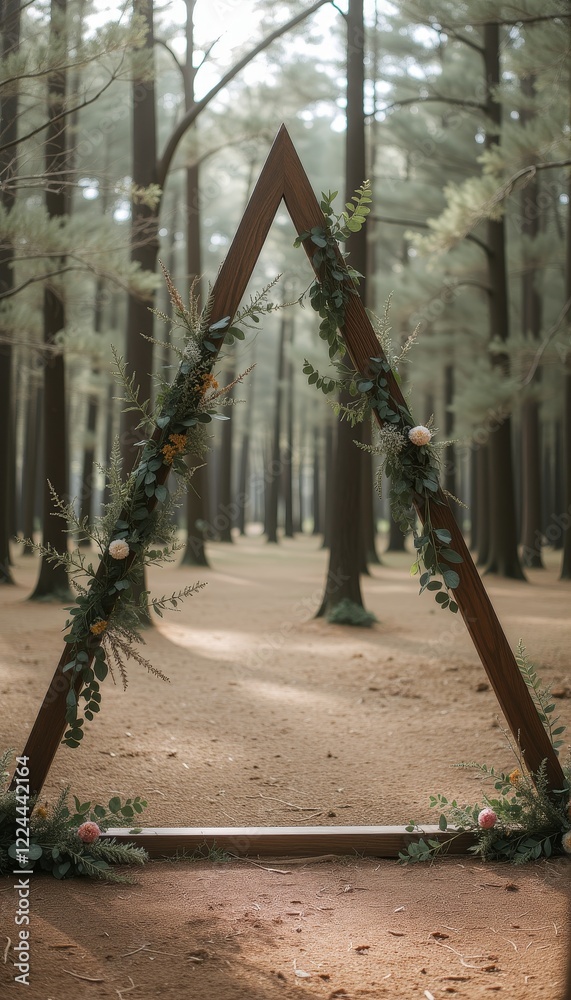 Fototapeta premium Triangle wooden wedding arch with flowers in forest setting