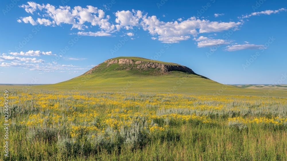 Fototapeta premium Prairie landscape, butte, wildflowers, summer, sky, scenic, grasslands, horizon, travel, postcard