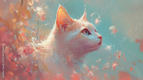 watercolor illustration painting of cat with abstract flowers. background