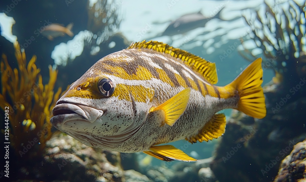 Yellow-striped fish swims in coral reef aquarium Yellow-striped fish swims in coral reef aquarium