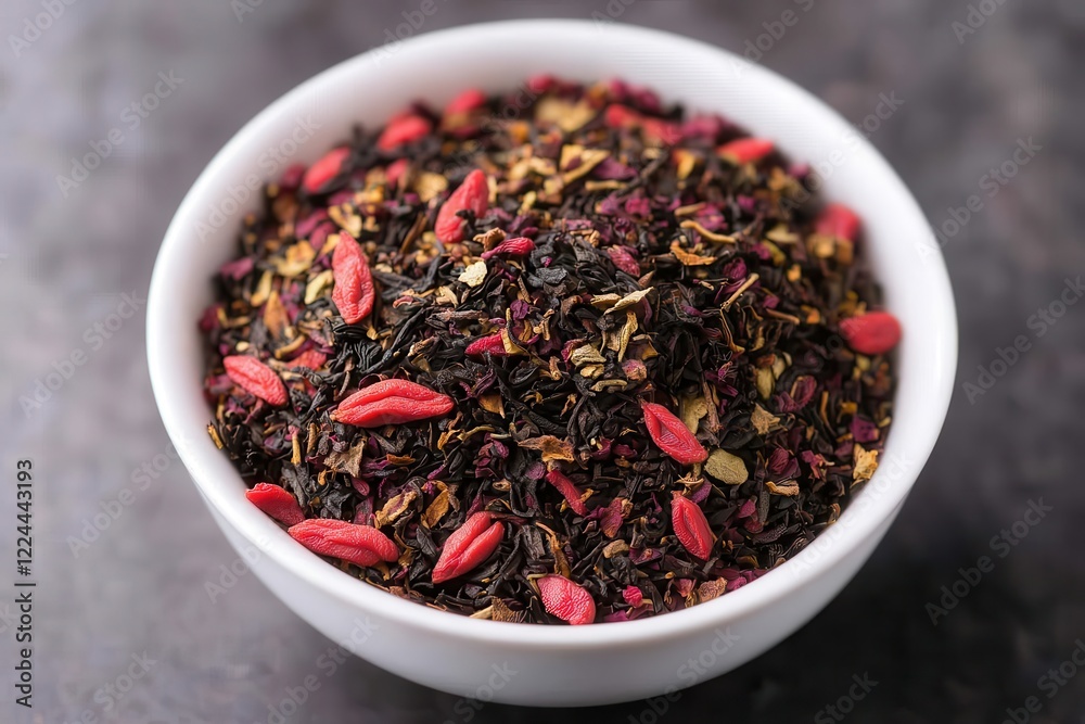 Goji berry: A powerful herbal remedy for health, Bowl of herbal tea blend with colorful ingredients. Goji berry: A powerful herbal remedy for health, Bowl of herbal tea blend with colorful ingredients.