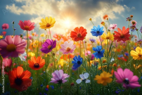 Vibrant Wildflower Meadow in Spring Under Bright Sunlight