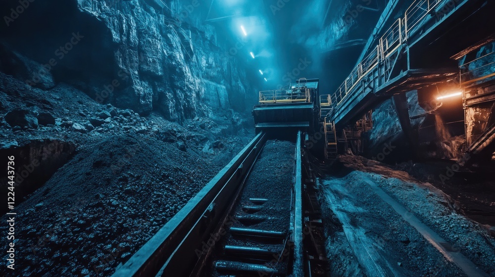 Underground mining, heavy machinery transports ore, dark tunnel, industrial backdrop, resource extraction Underground mining, heavy machinery transports ore, dark tunnel, industrial backdrop, resource extraction