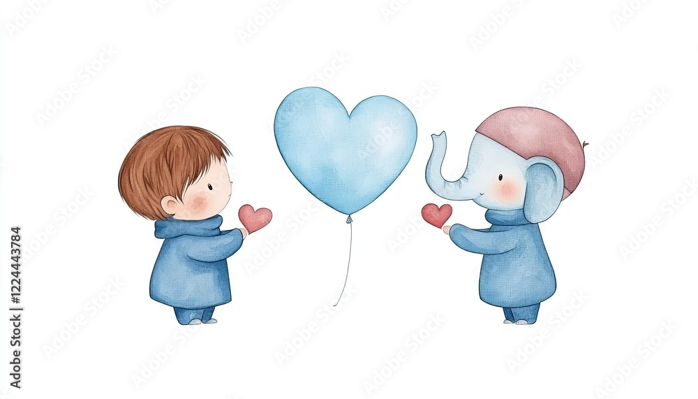 A heartwarming scene of a child and an elephant exchanging love while holding hearts and a balloon A heartwarming scene of a child and an elephant exchanging love while holding hearts and a balloon
