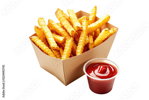 Crispy crinkle-cut french fries with ketchup in a cardboard container isolated on white or transparent, PNG