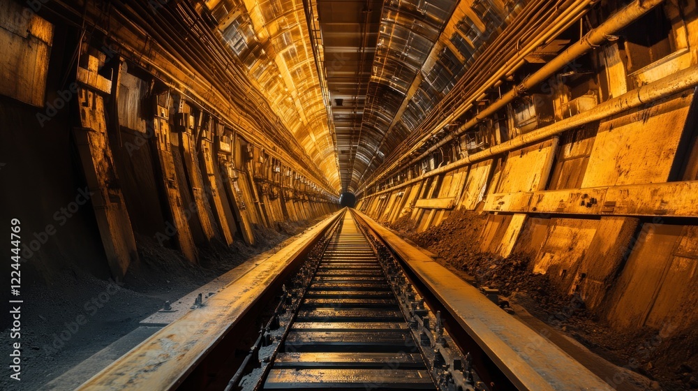 Obraz premium Underground mine railway tunnel, ore transport, industrial background, mining operation