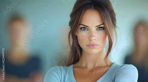 Confident woman with striking green eyes in soft focus background