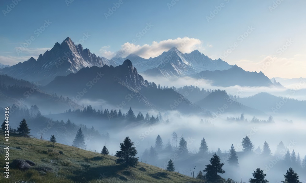 Morning fog lifts off the mountains, revealing a serene and peaceful landscape bathed in a soft blue light , peaceful, landscape, lift Morning fog lifts off the mountains, revealing a serene and peaceful landscape bathed in a soft blue light , peaceful, landscape, lift