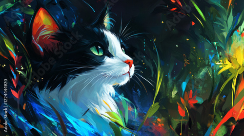 watercolor illustration painting of cat with abstract flowers. background