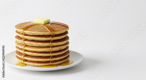 Stack of Golden-Brown Pancakes Topped with Melting Butter on a White Background Perfect for Breakfast and Food-Themed Designs