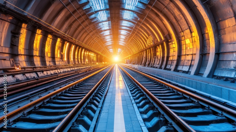 Obraz premium Train tunnel exit, sunlight, railway, urban transport, infrastructure, engineering, architecture, travel, hope, future