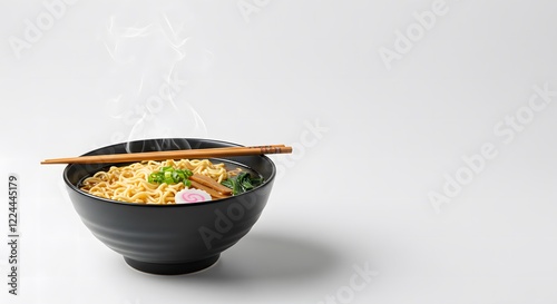 Steaming Bowl of Ramen Noodles  in Black Ceramic Bowl with Chopsticks on a Clean White Background Perfect for Food and Culinary-Themed Designs