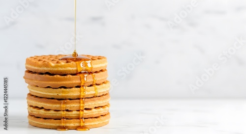 Stack of Warm Waffles with Syrup on the Left and White Background for Text Space