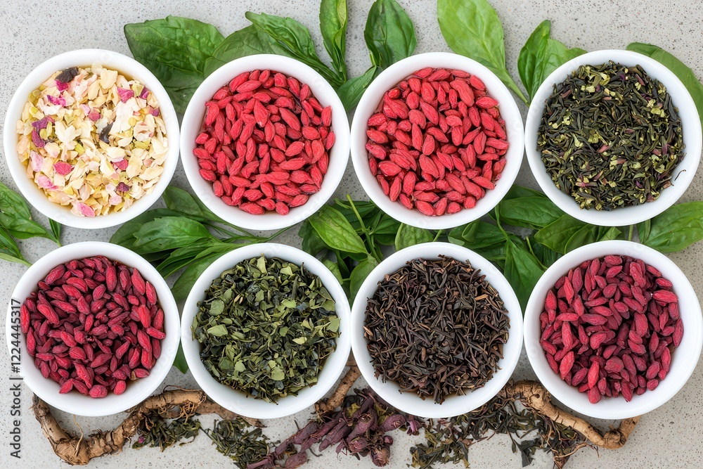 Goji berry: A powerful herbal remedy for health, Colorful bowls of herbs and dried fruits arranged on a surface. Goji berry: A powerful herbal remedy for health, Colorful bowls of herbs and dried fruits arranged on a surface.
