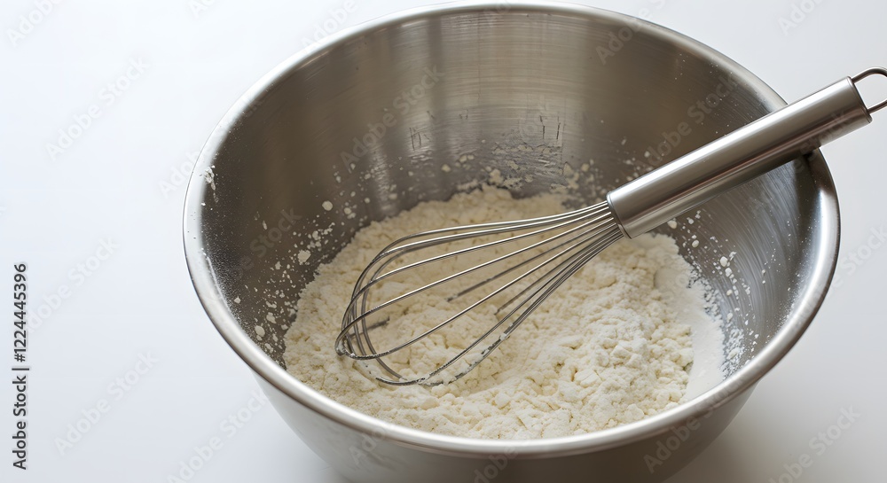 Stainless Steel Whisk with Mixing Bowl and Flour Dust on a Bright White Background Perfect for Baking, Cooking, and Kitchenware Themes Stainless Steel Whisk with Mixing Bowl and Flour Dust on a Bright White Background Perfect for Baking, Cooking, and Kitchenware Themes