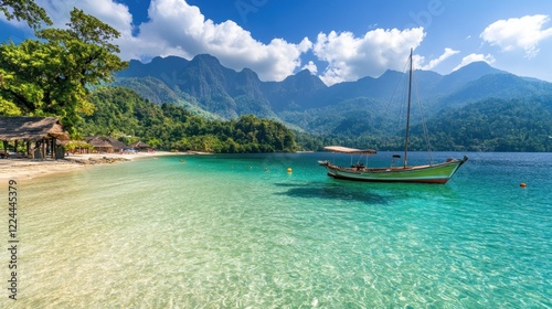 Tropical beach boat calm water mountain background vacation