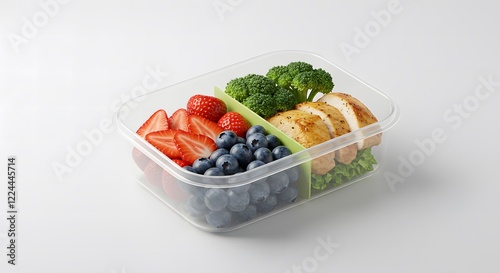 Transparent Plastic Lunchbox with Freshly Packed Food Inside on a Clean White Background for Healthy Meal Prep and Minimalist Organization