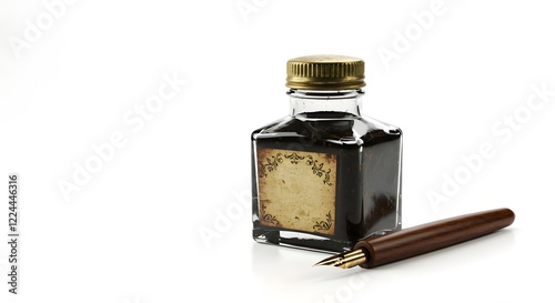 Vintage Fountain Ink Bottle with Classic Quill Pen Resting Beside It on a Bright White Background for Elegant Writing and Minimalist Design