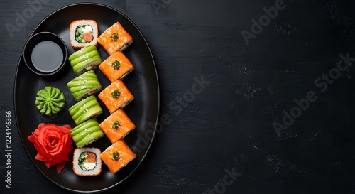 Vibrant sushi rolls neatly arranged on a black background perfect for modern food or Japanese cuisine-themed designs
