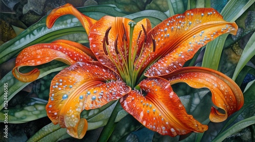 Dew-kissed Tiger Lily, Garden Close-up, Botanical Art Print