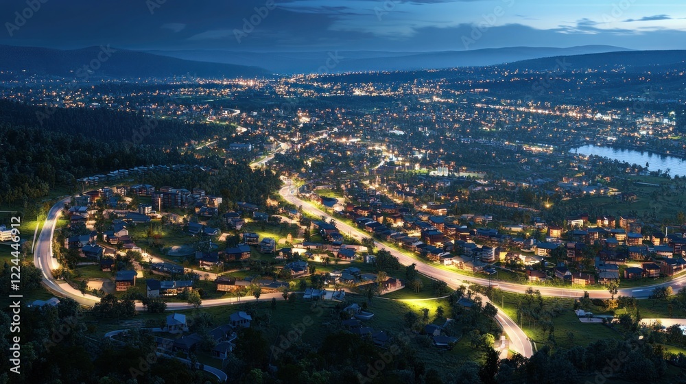Night aerial view Winding road, upscale homes, city lights, forest, real estate marketing Night aerial view Winding road, upscale homes, city lights, forest, real estate marketing