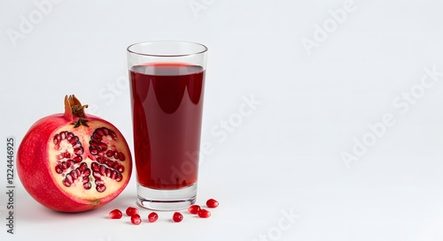 Pomegranate with Juice on Left, White Background for Text Space