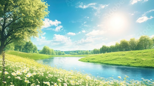 Sunny spring river, daisy field, idyllic nature scene, website banner