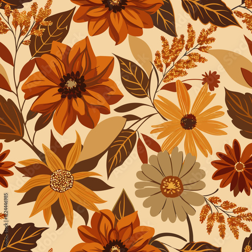 Seamless vector background with autumn flowers.