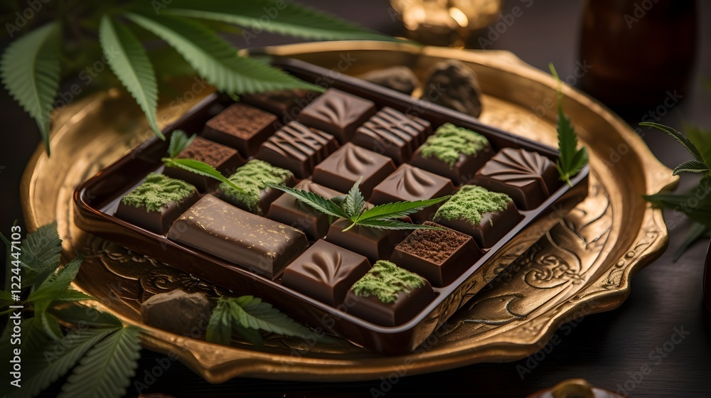 Fototapeta premium Beautifully presented cannabis infused artisanal chocolates arranged in a modern minimalist style on a sleek serving tray showcasing the premium and luxurious nature of this gourmet treat