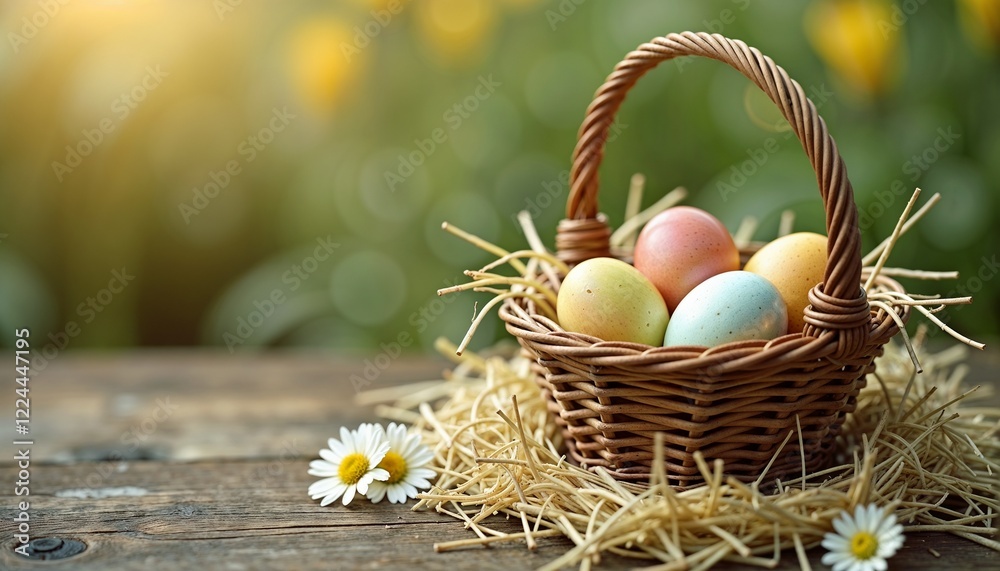 Easter basket with eggs, hay, and daisies on rustic wooden surface Easter basket with eggs, hay, and daisies on rustic wooden surface