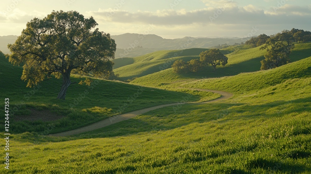 Fototapeta premium Sunset path winding through green hills, lone tree, pastoral landscape, travel brochure