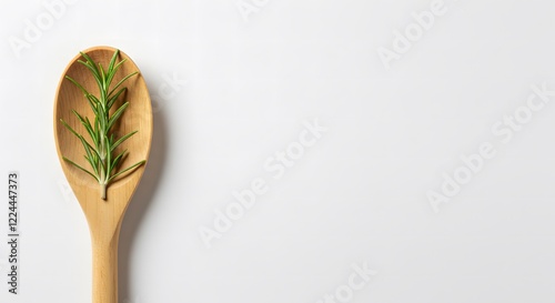 Wooden Spoon with a Sprig of Rosemary on the Left and White Background for Text