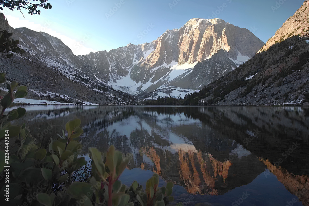 Fototapeta premium Snowy mountains of the Snowy Range reflect in the crystal-clear waters of a lake, creating a mesmerizing landscape. Perfect for imagery about nature and mountains
