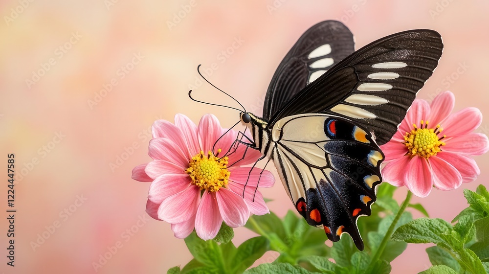 Fototapeta premium A detailed macro shot of a butterfly perched on a vibrant wildflower, with a soft-focus background. High Quality
