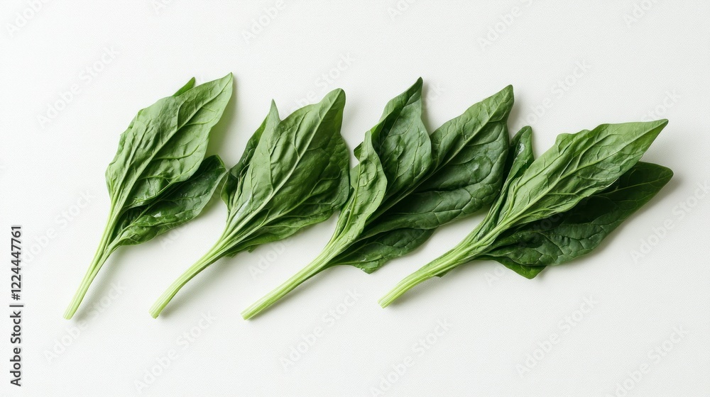 Fresh spinach leaves arranged on white background, studio shot, food photography, recipe ingredient Fresh spinach leaves arranged on white background, studio shot, food photography, recipe ingredient