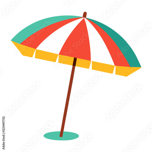 A vibrant beach umbrella features alternating stripes of red, turquoise, and yellow on a sturdy wooden pole. It stands ready to provide shade during sunny beach days and summer vacations