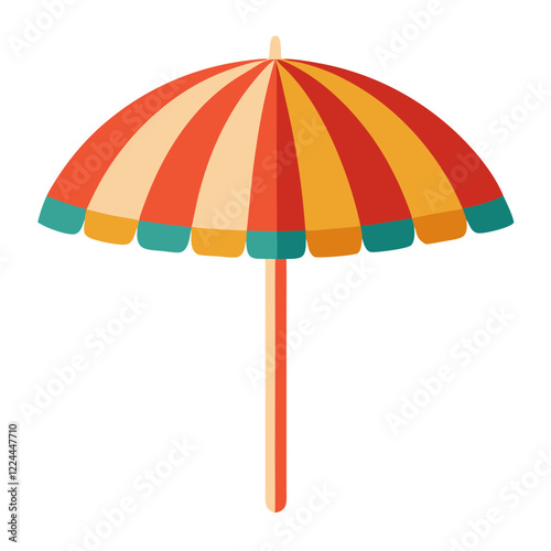 A vibrant beach umbrella featuring a mix of orange, yellow, and teal stripes stands against a pristine white background, evoking feelings of summer enjoyment and sunny days by the ocean