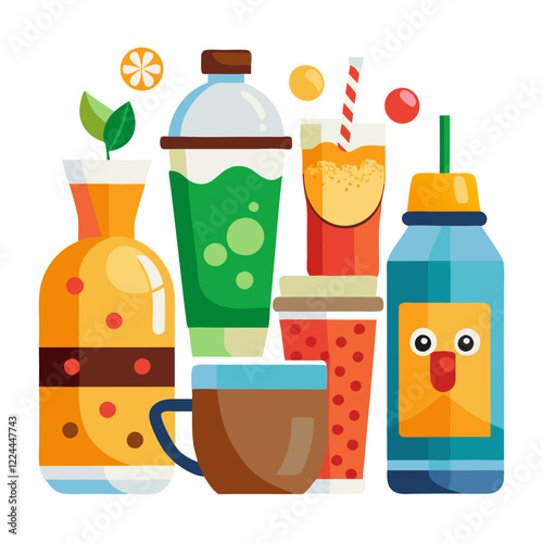 A vibrant display of various beverages sits against a white background, highlighting different flavors and styles including smoothies, juices, and soft drinks. Perfect for a summer gathering