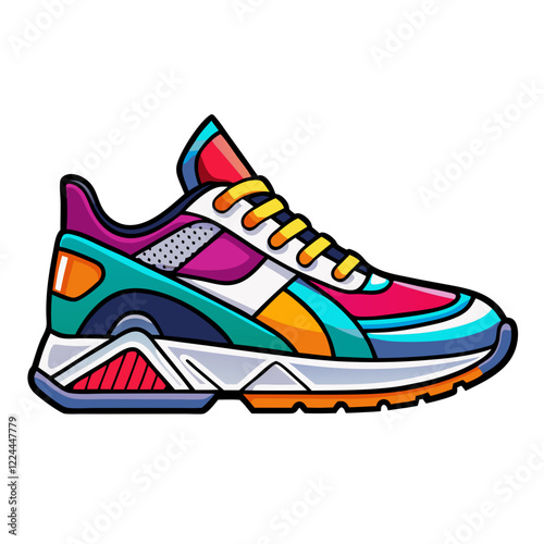 Brightly colored cartoon athletic sneakers exhibit a unique design featuring bold patterns and shapes. Ideal for sports or casual wear, they showcase creativity and energy in footwear fashion