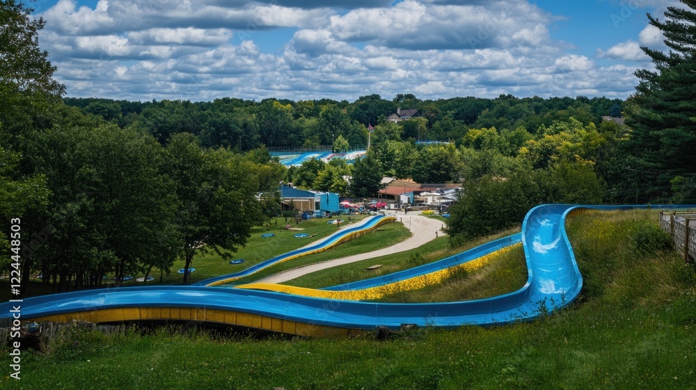 Hilltop water park slides, summer fun, scenic view