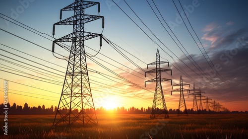 Silhouetted power transmission lines and towers standing tall against a bright sky conveying the concept of modern energy infrastructure and electrical power distribution